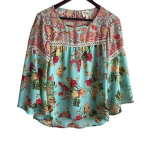 Fig & Flower Women Top S Turquoise Floral Boho‎ Cottage Grandma Peasant Hippie